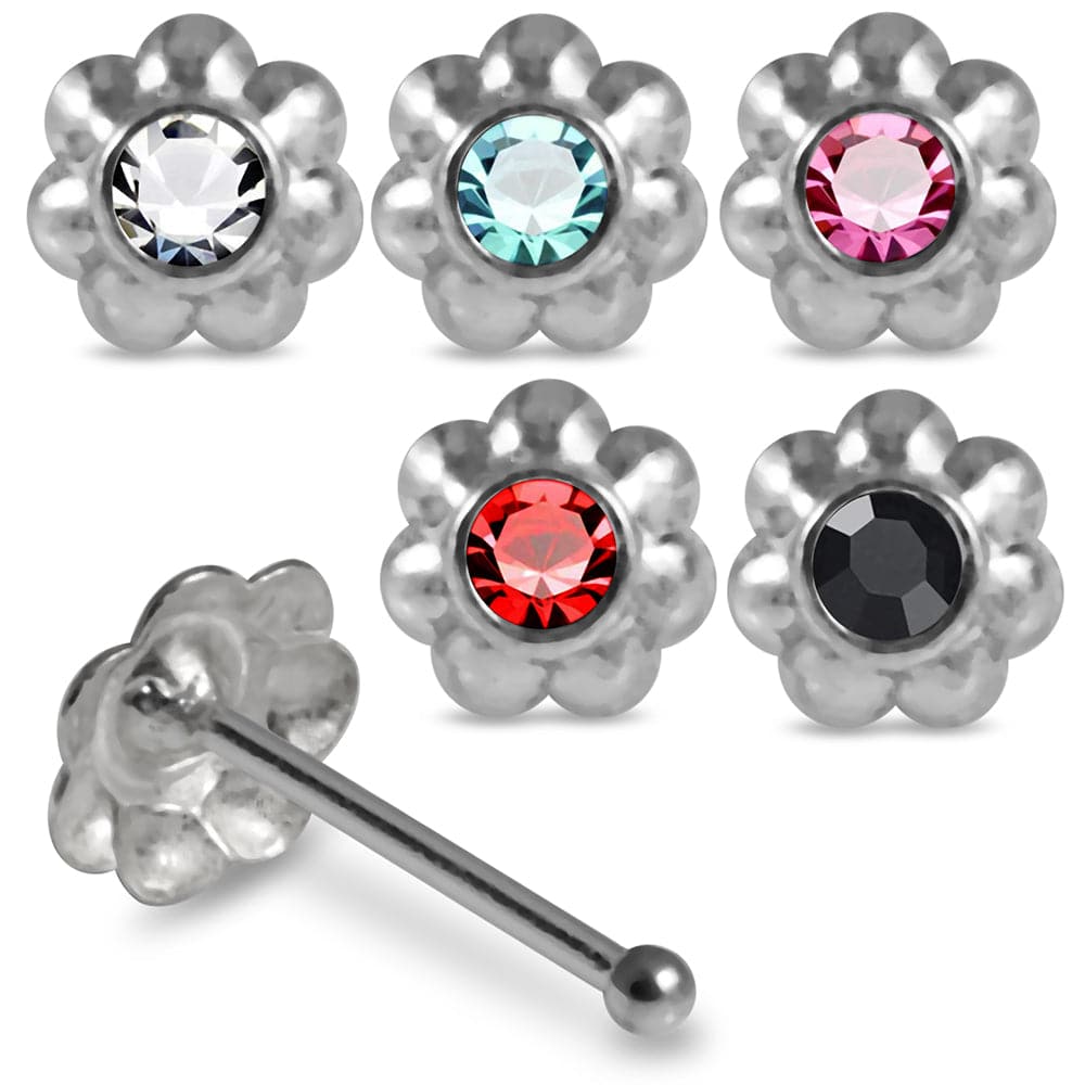 925 Sterling Silver 5pcs CZ Jewelled Flower Nose Bone Box