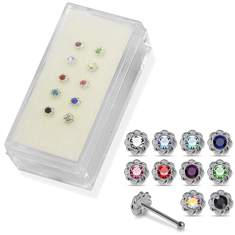 925 Sterling Silver 10pcs CZ Jewelled Flower Design Nose Bone Box