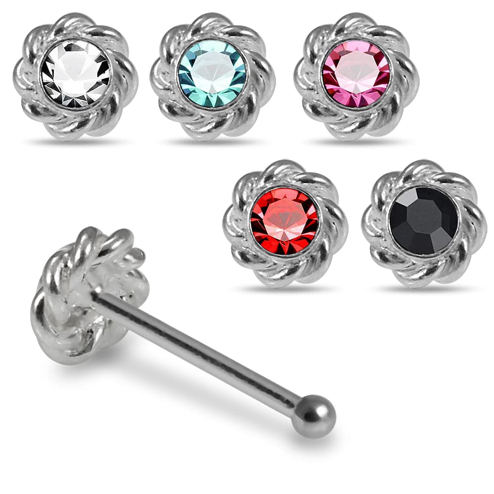 925 Sterling Silver 5pcs CZ Jewelled Flower Design Nose Bone Box