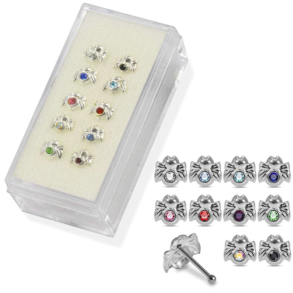925 Sterling Silver 10pcs CZ Jewelled Spider Nose Bone Box