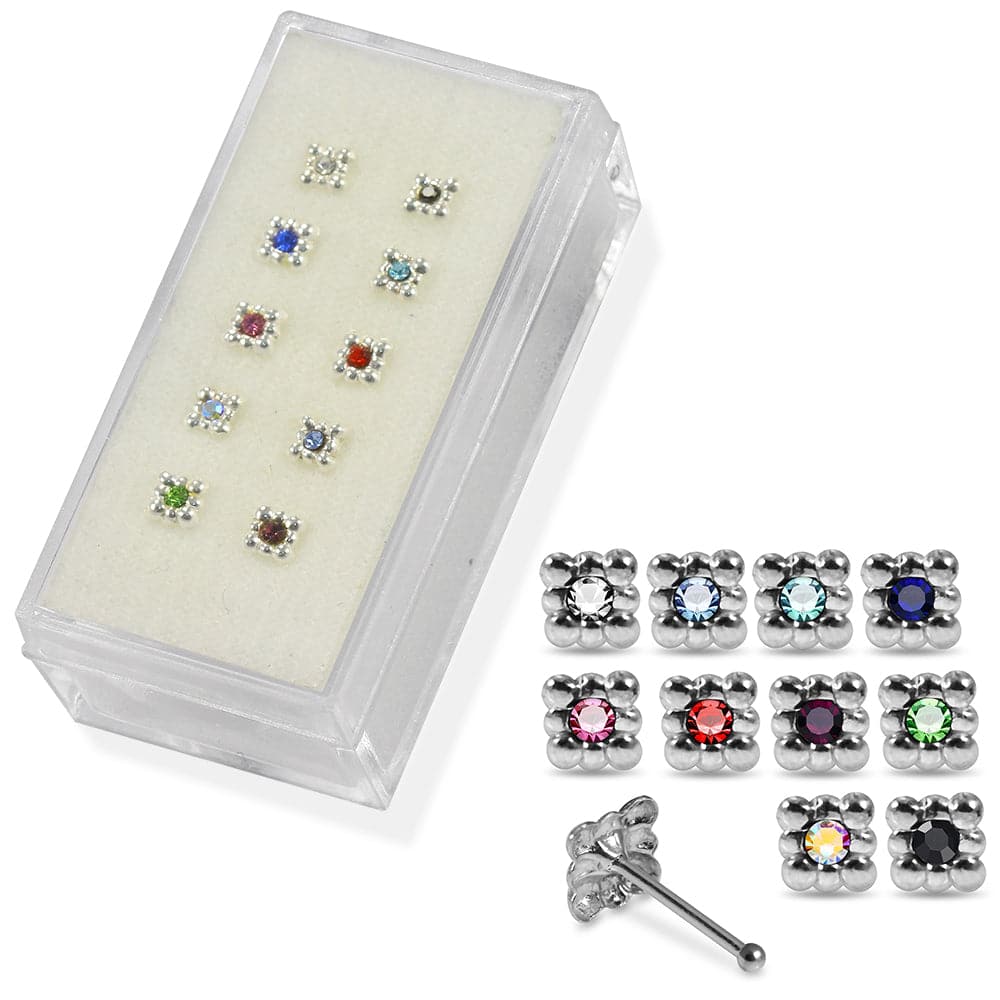 925 Sterling Silver 10pcs CZ Jewelled Square Design Nose Bone Box