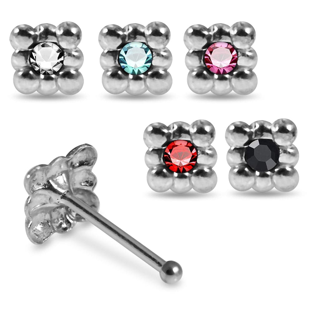 925 Sterling Silver 5pcs CZ Jewelled Square Design Nose Bone Box