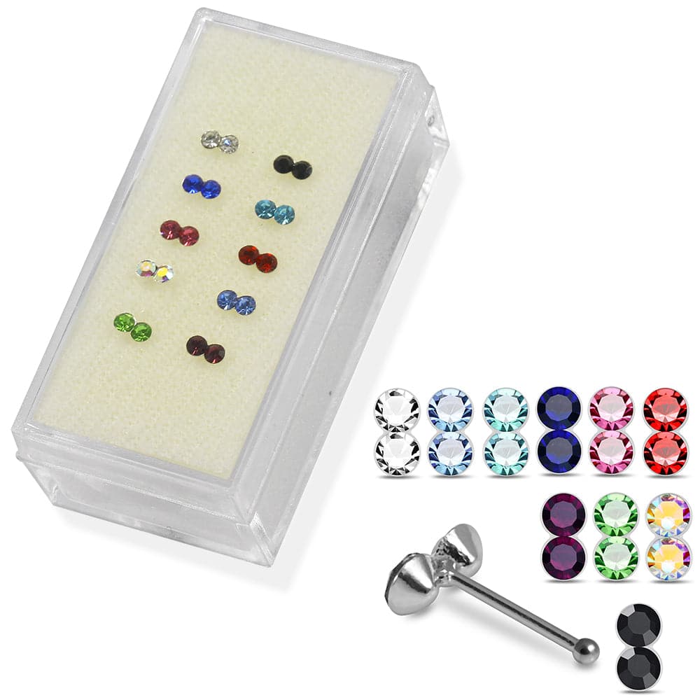 925 Sterling Silver 10pcs Double CZ Jewelled Nose Bone Set