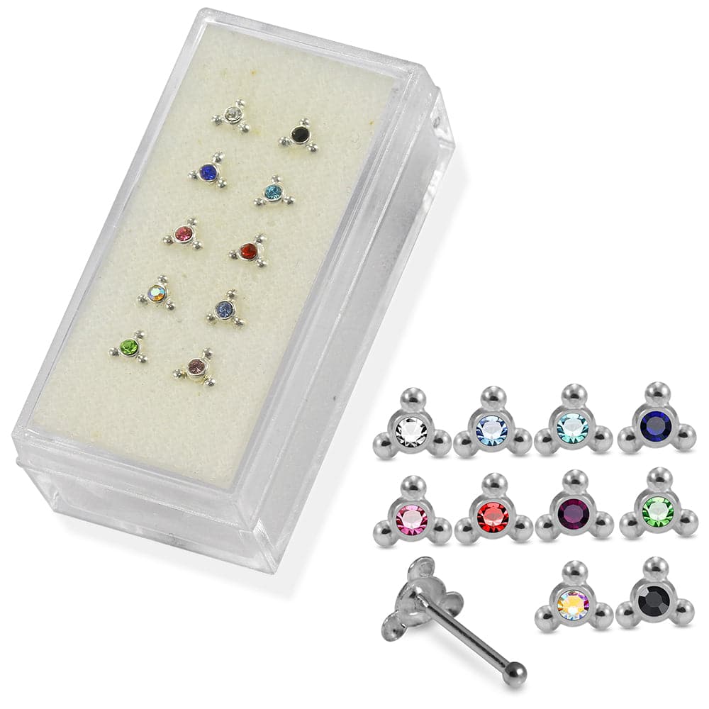 925 Sterling Silver 10pcs CZ Jewelled Triple Dot Nose Bone Box