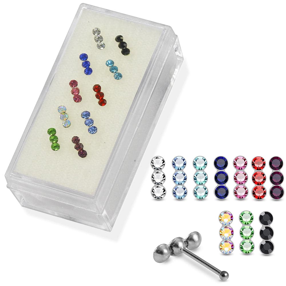 925 Sterling Silver 10pcs Tri CZ Jewelled Nose Bone Box