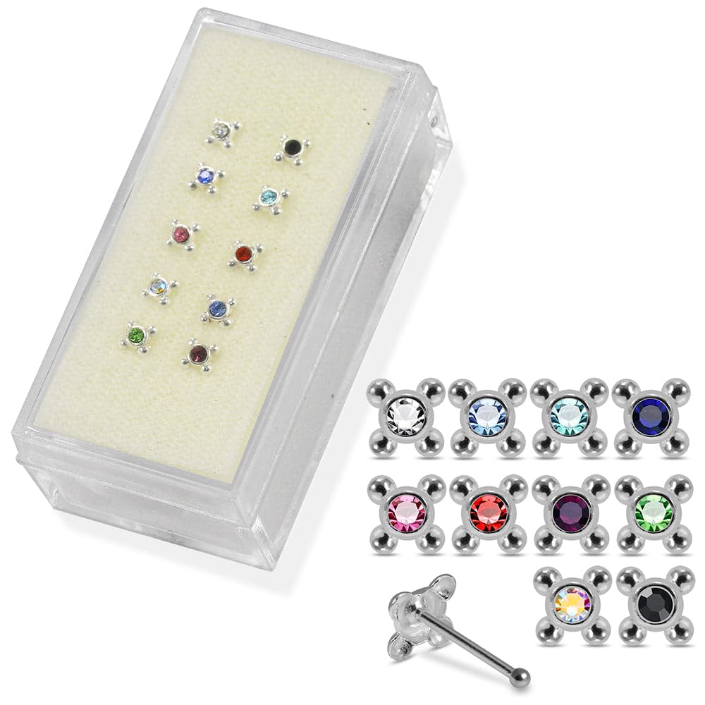 925 Sterling Silver 10pcs CZ Jewelled 4 Dots Nose Bone Box