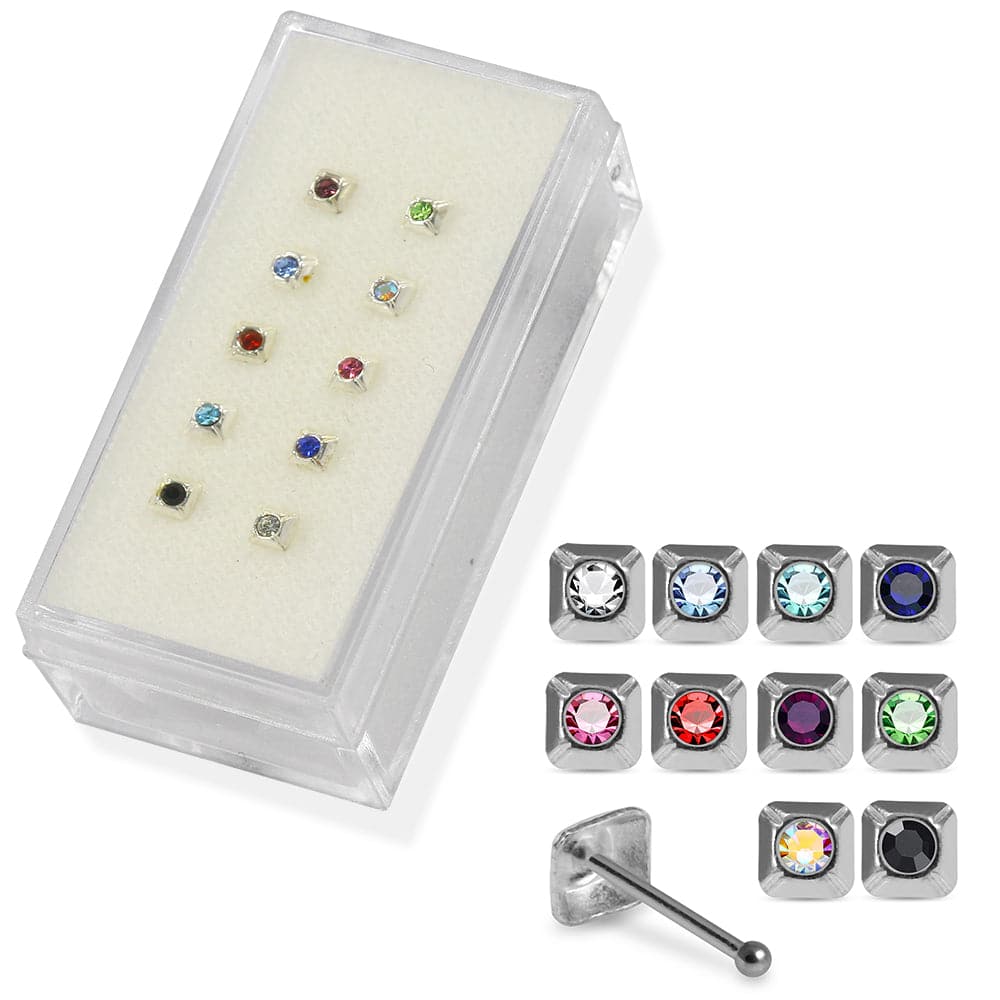 925 Sterling Silver 10pcs CZ Jewelled Pyramid Nose Bone Box