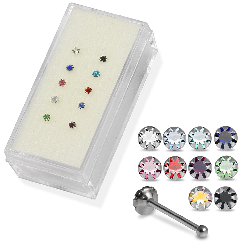 925 Sterling Silver 10pcs 2mm Round CZ Jewelled in Flower Claw Setting Nose Bone Box