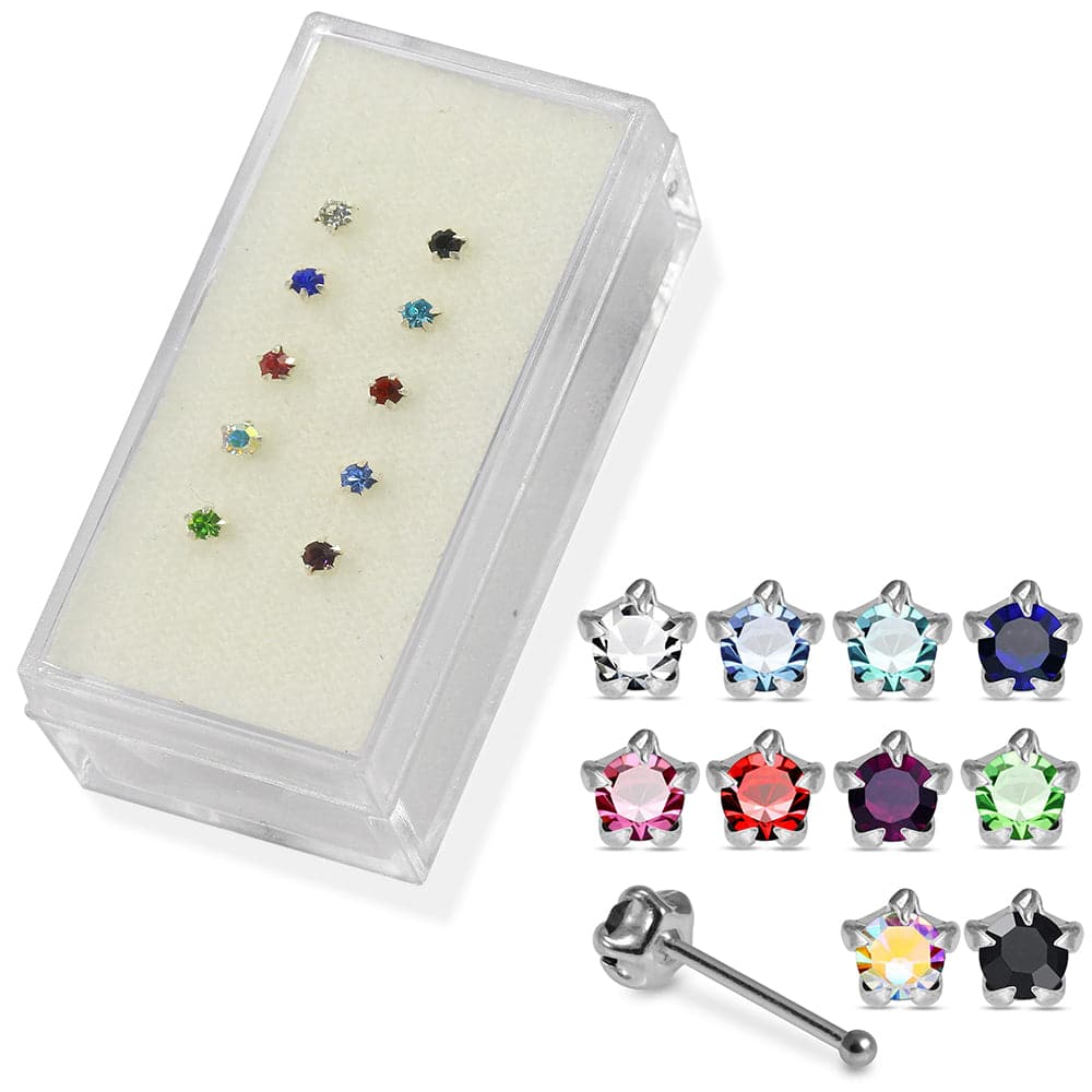 925 Sterling Silver 10pcs CZ Jewelled in Star Claw Setting Nose Bone Set