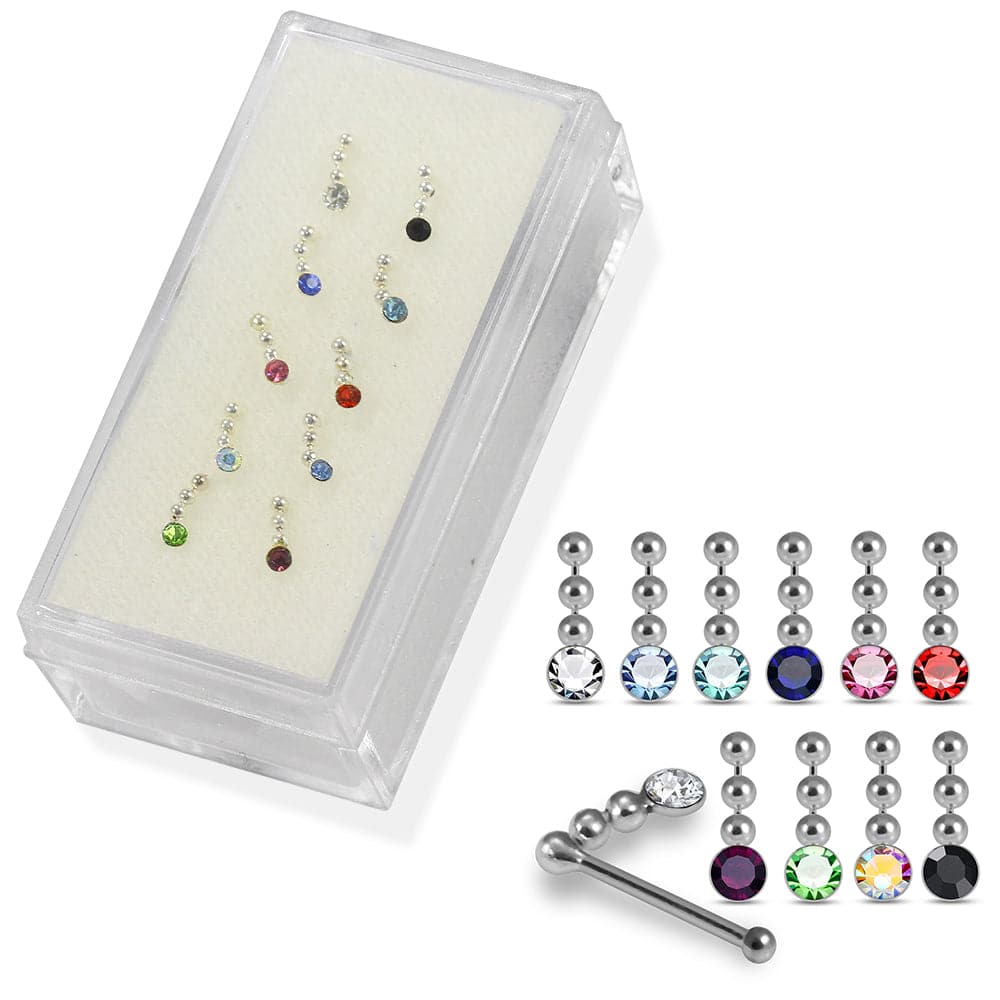925 Sterling Silver 10pcs CZ Dangling in Chain Nose Bone Set