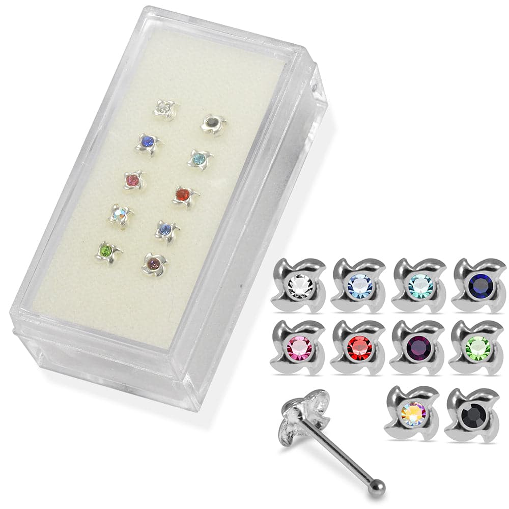 925 Sterling Silver 10pcs CZ Jewelled Swirl Design Nose Bone Box
