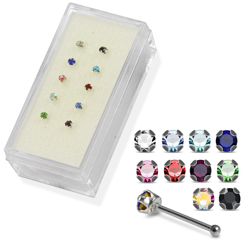 925 Sterling Silver 10pcs CZ Jewelled Nose Bone Box