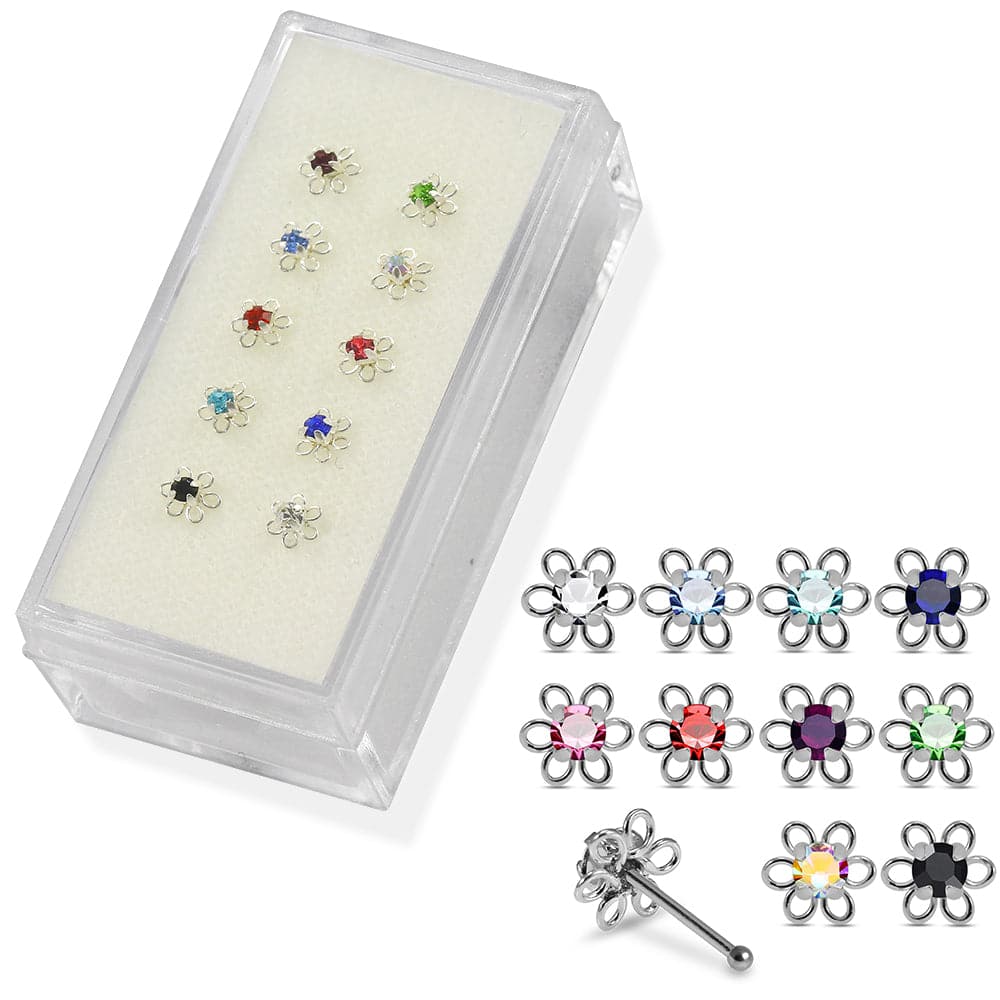 925 Sterling Silver 10pcs Round CZ Jewelled in center Flower Nose Bone Set