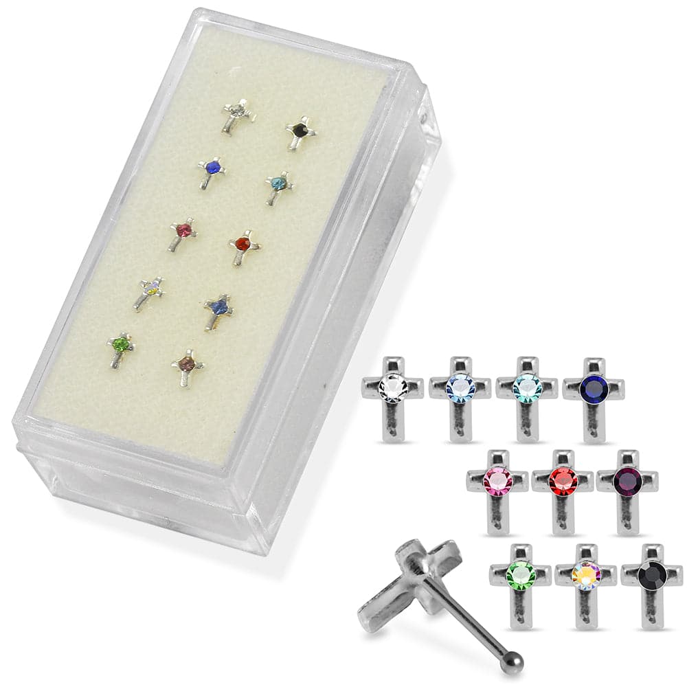 925 Sterling Silver 10pcs CZ Jewelled Cross Nose Bone Box