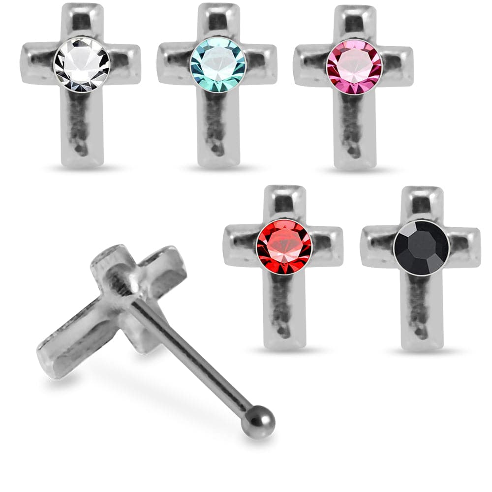 925 Sterling Silver 5pcs CZ Jewelled Cross Nose Bone Box