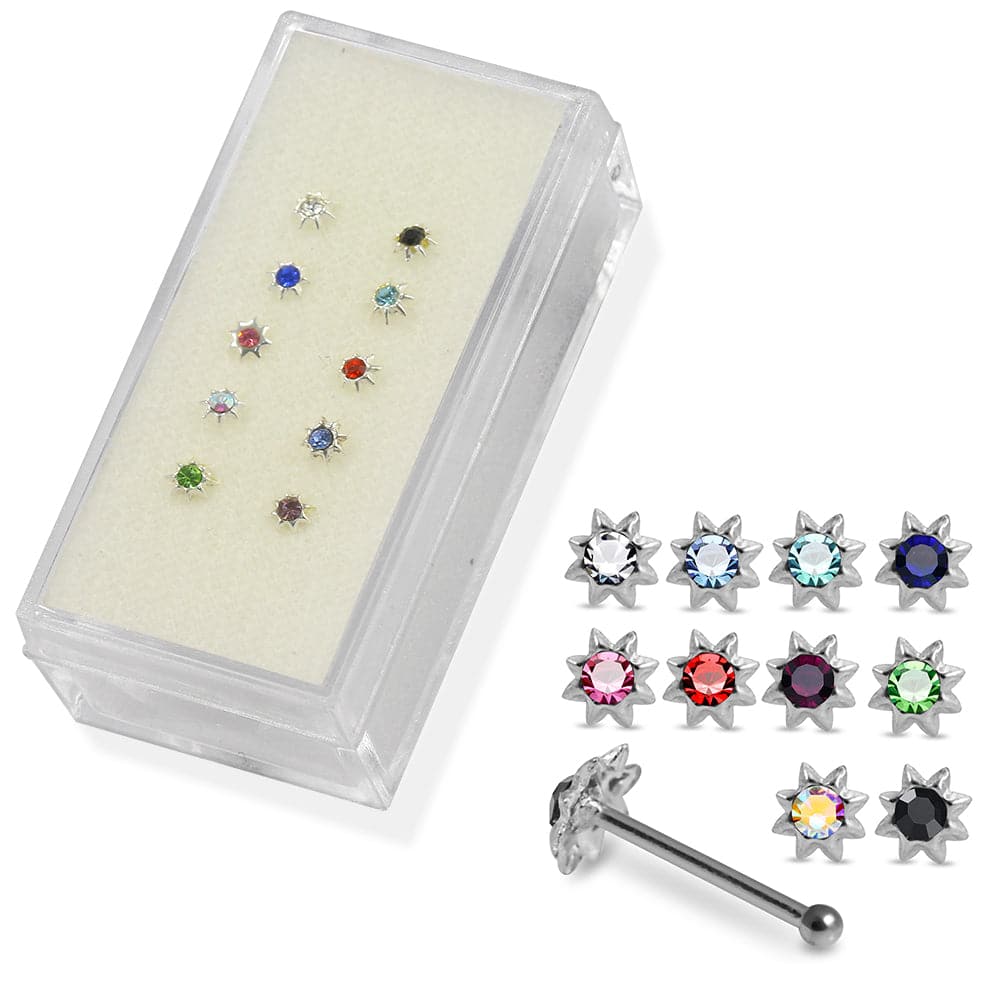 925 Sterling Silver 10pcs CZ Jewelled Sun Nose Bone Set