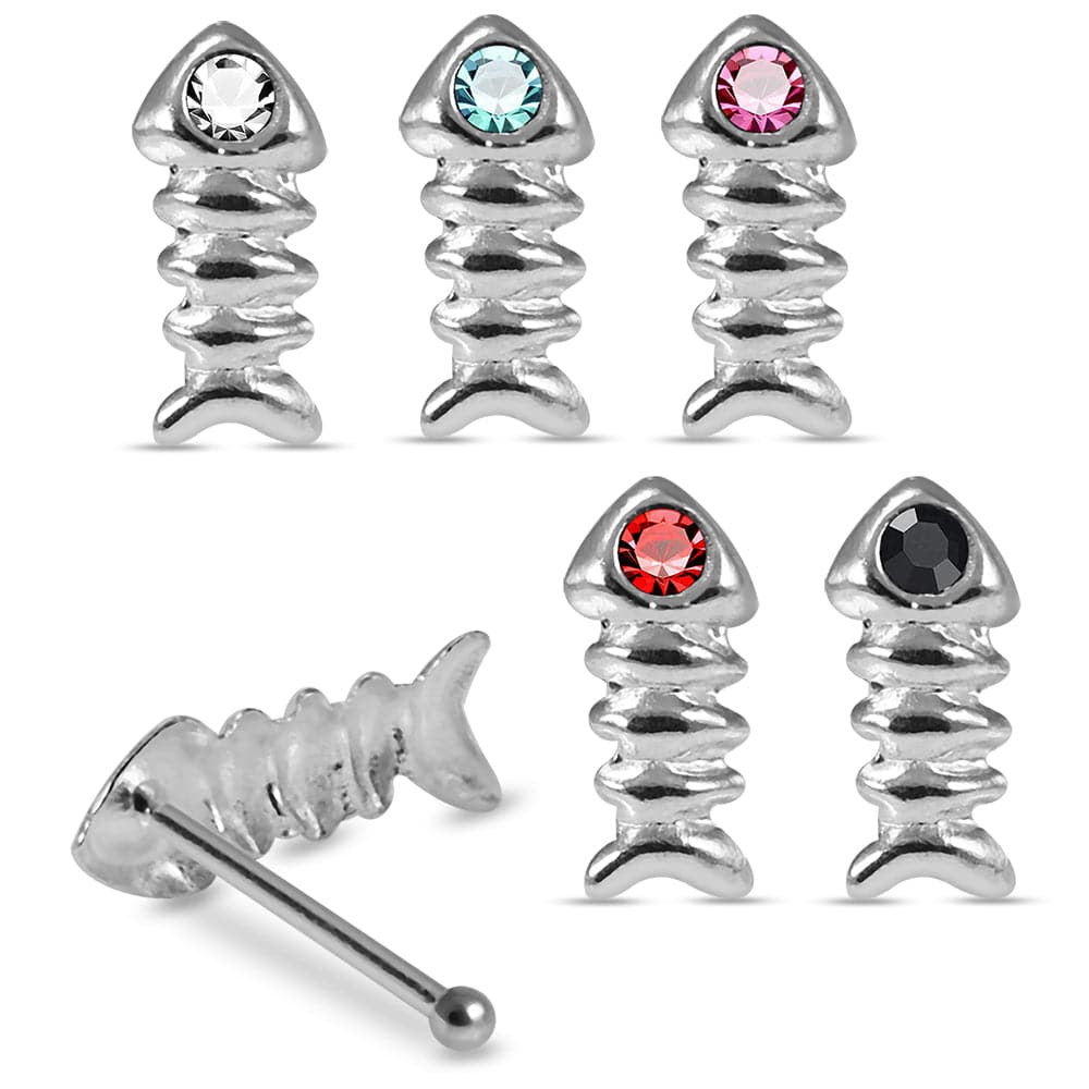 925 Sterling Silver 5pcs CZ Jewelled Fish Bone Design Nose Bone Box