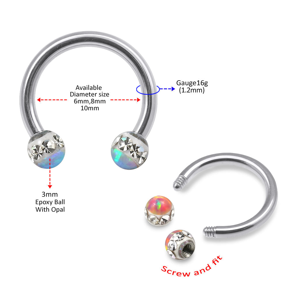 316L Surgical Steel CZ and Epoxy Ball with Opal Jewelled Circular Barbell