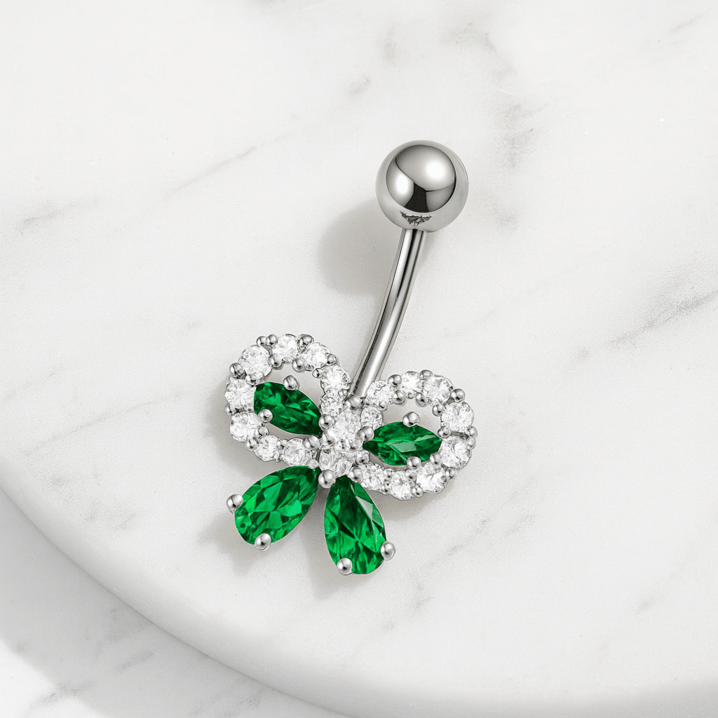 925 Sterling Silver CZ Jewelled Elegant Bow Non Dangle Belly Button Ring