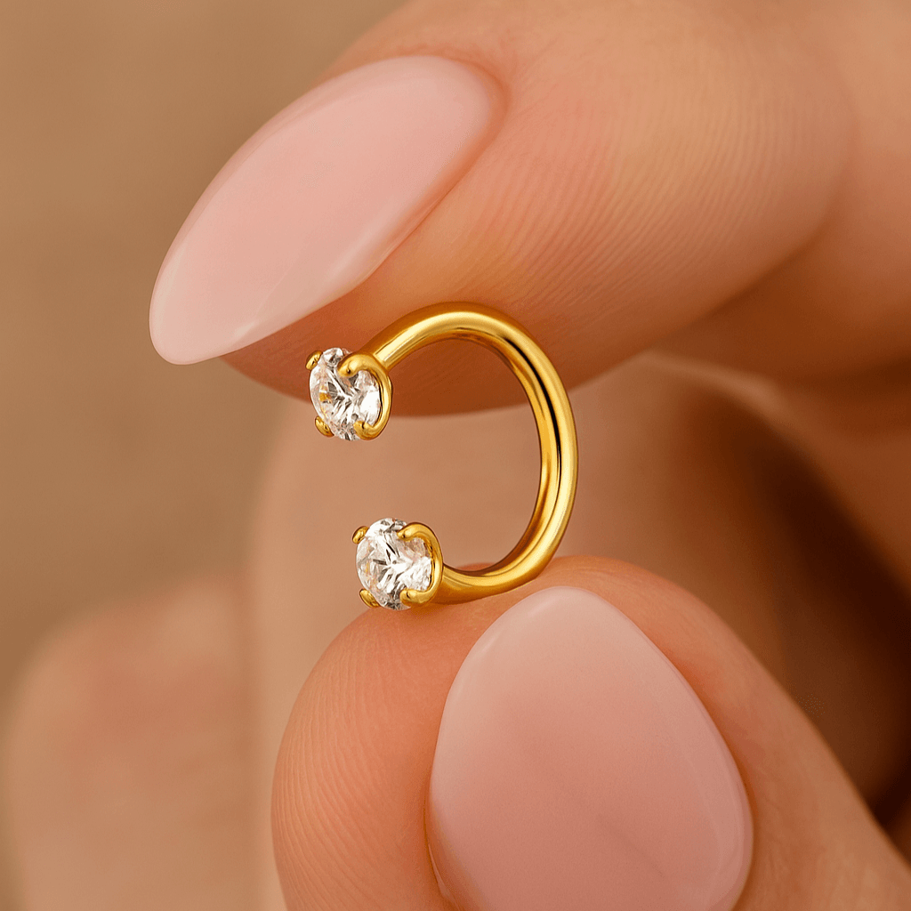 G23 Titanium Circular Barbell with Double Prong-Set CZ Gems