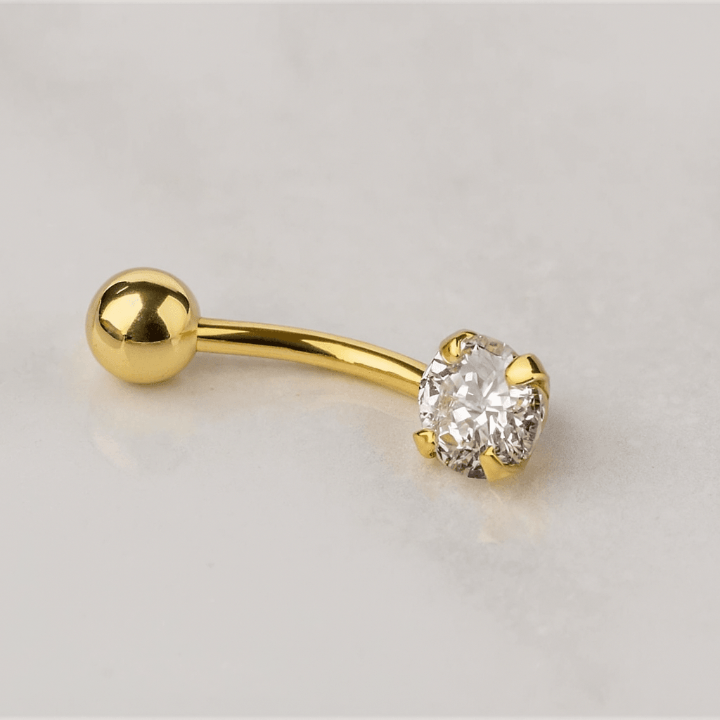 14K Gold Round CZ Jewelled Internally Threaded Belly Ring