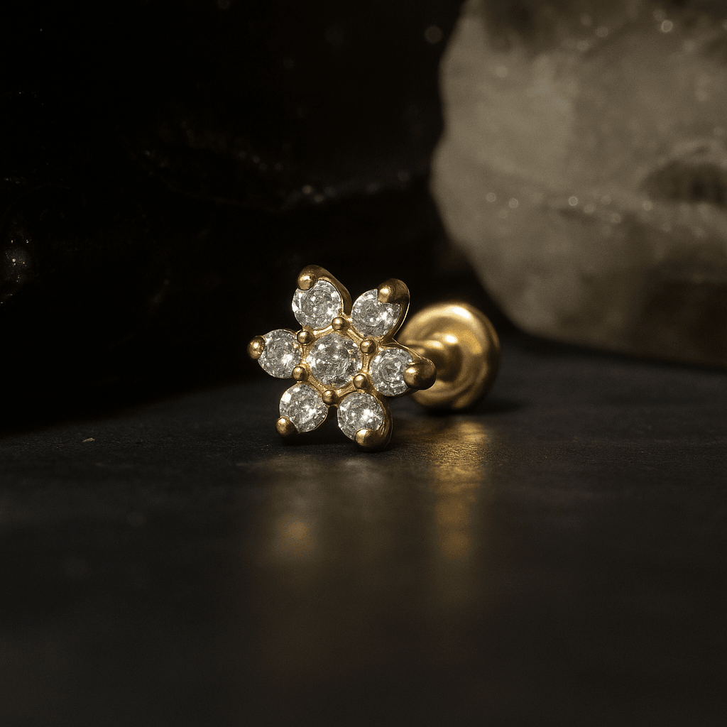 14K Gold Round CZ Jewelled Narcissus Flower Internal Thread Labret with Flatback Stud