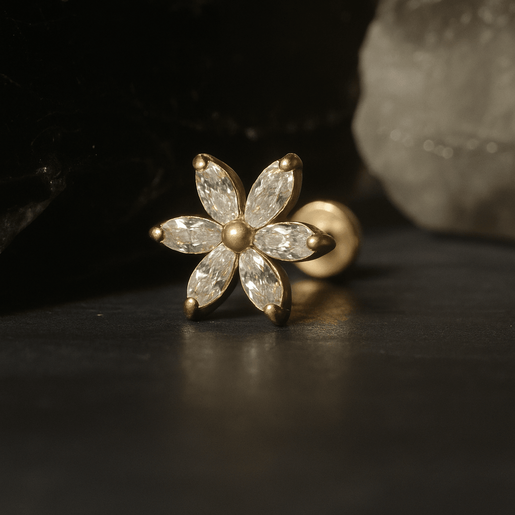14K Gold Marquise CZ Jewelled Pentas Flower Internal Thread Labret with Flowerback Stud