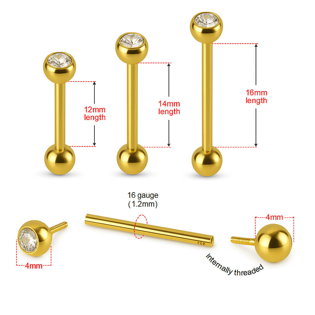 14K Gold Straight Tongue Barbell with CZ Jewelled Top