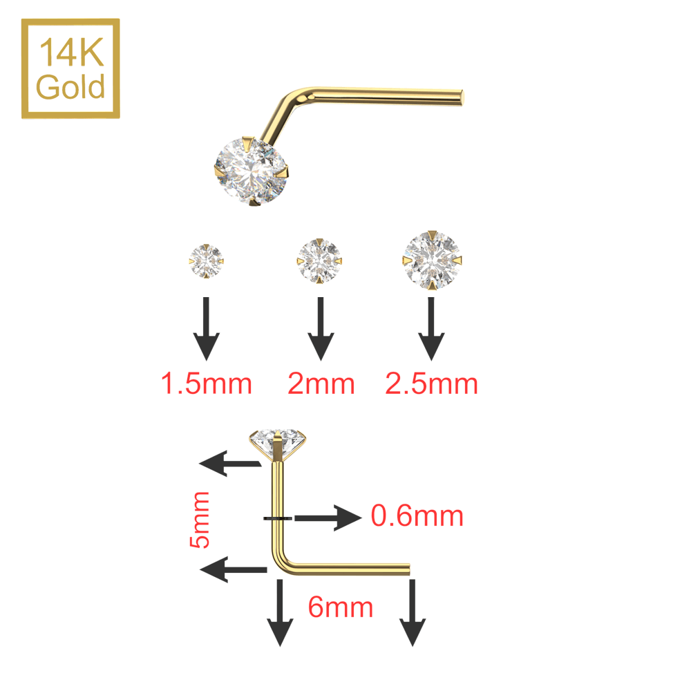 14K Gold Claw Set Round Lab Grown Diamond L-Bend Nose Stud