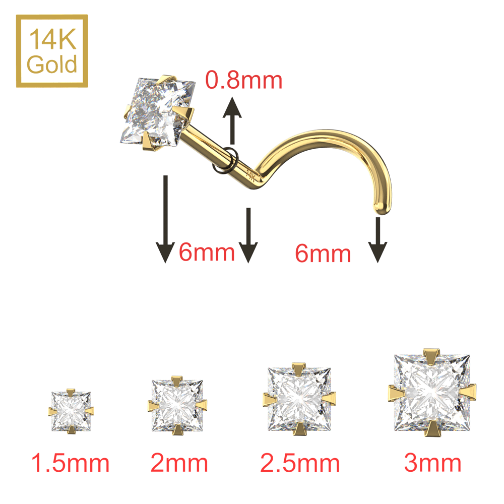 14K Gold Square CZ Jewelled Nose Screw