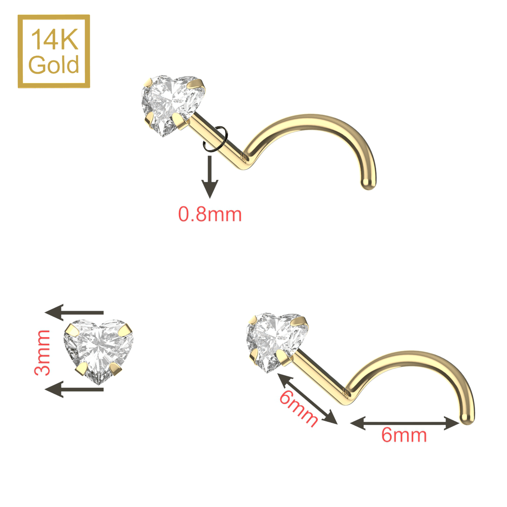 14K Gold Heart Cubic Zirconia Jewelled Nose Screw Stud