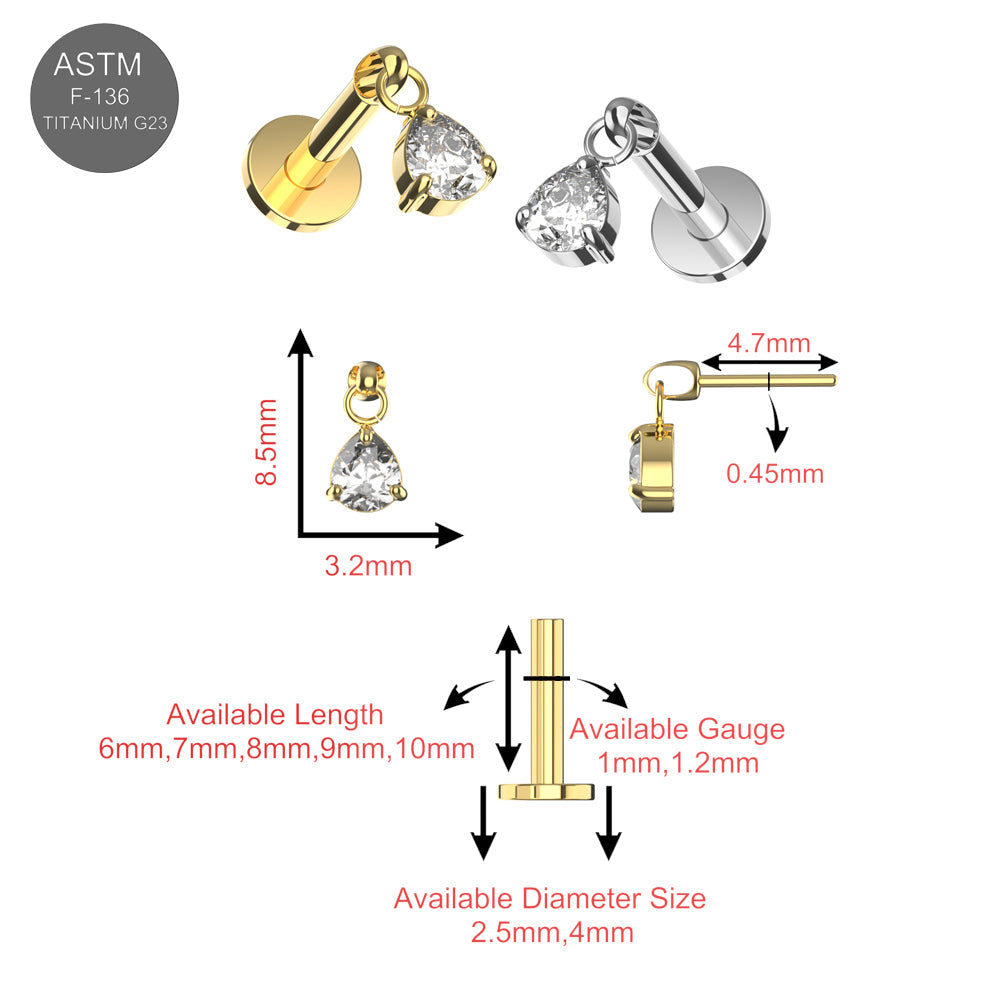 G23 Titanium Tri-Cut Crystal Drop Threadless Flatback Stud