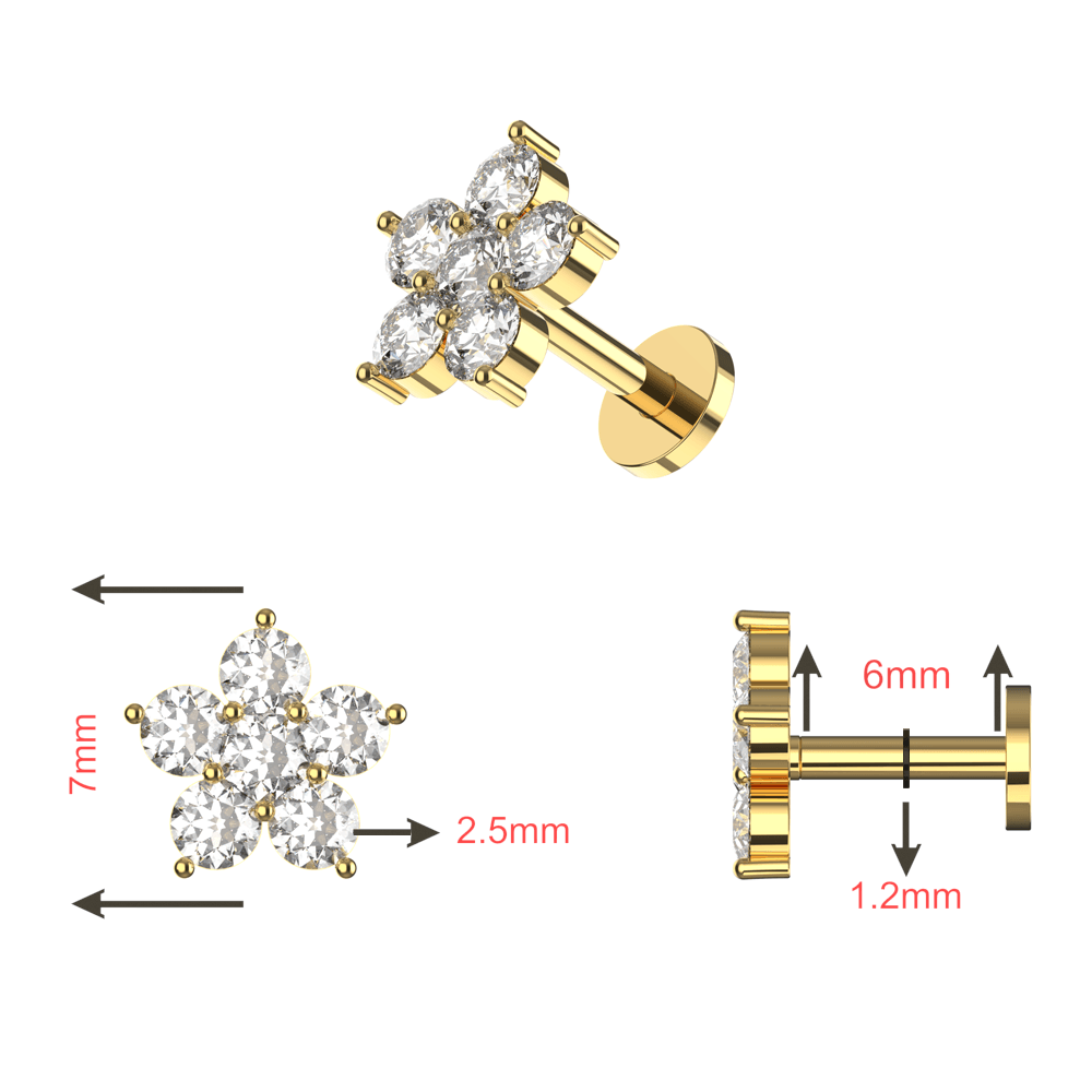 316L Surgical Steel CZ Jewelled Flower Internally Threaded Flatback Stud