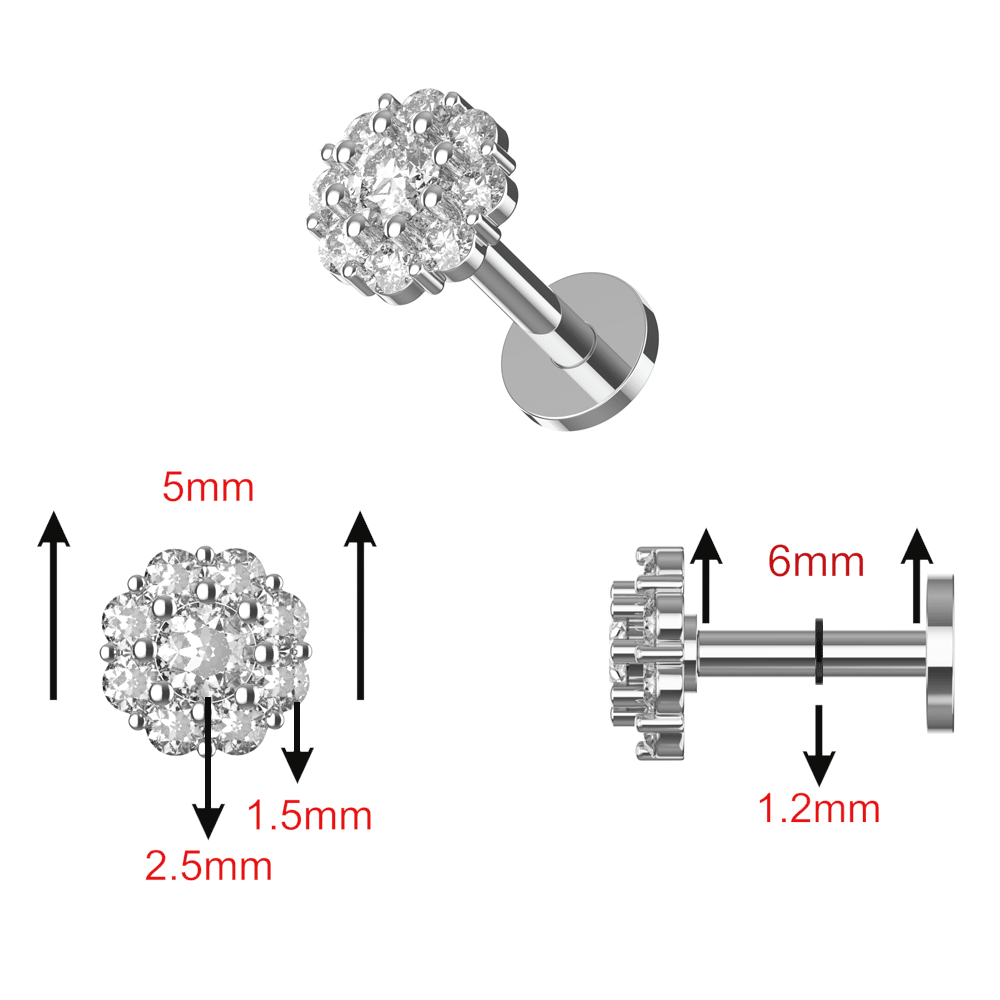 316L Surgical Steel CZ Jewelled Spring Flower Internally Threaded Flatback Stud