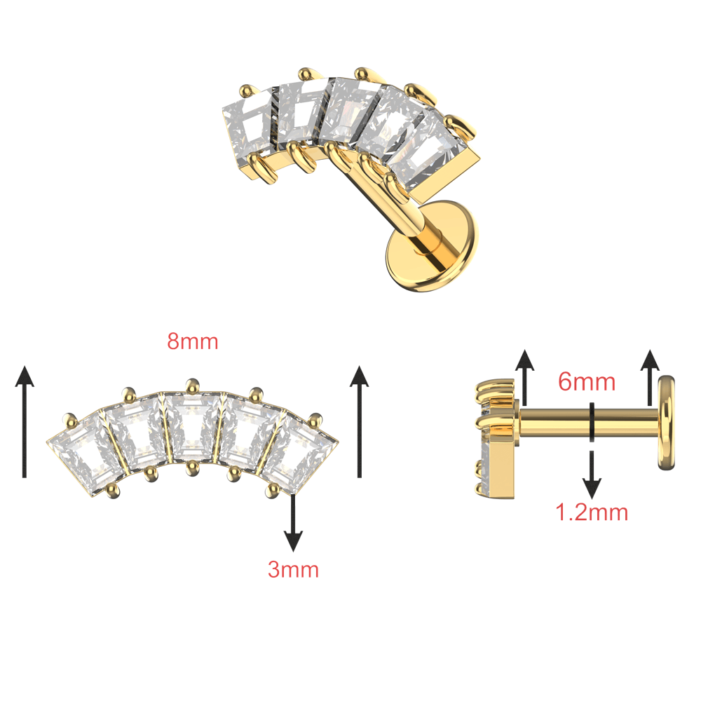 316L Surgical Steel Baguette CZ Jewelled Internally Threaded Flatback Stud
