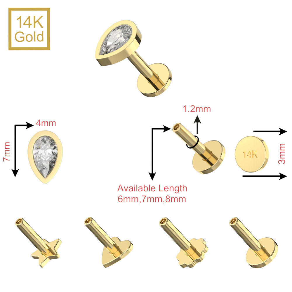 14K Gold Teardrop CZ Top With Internal Thread Base Labret