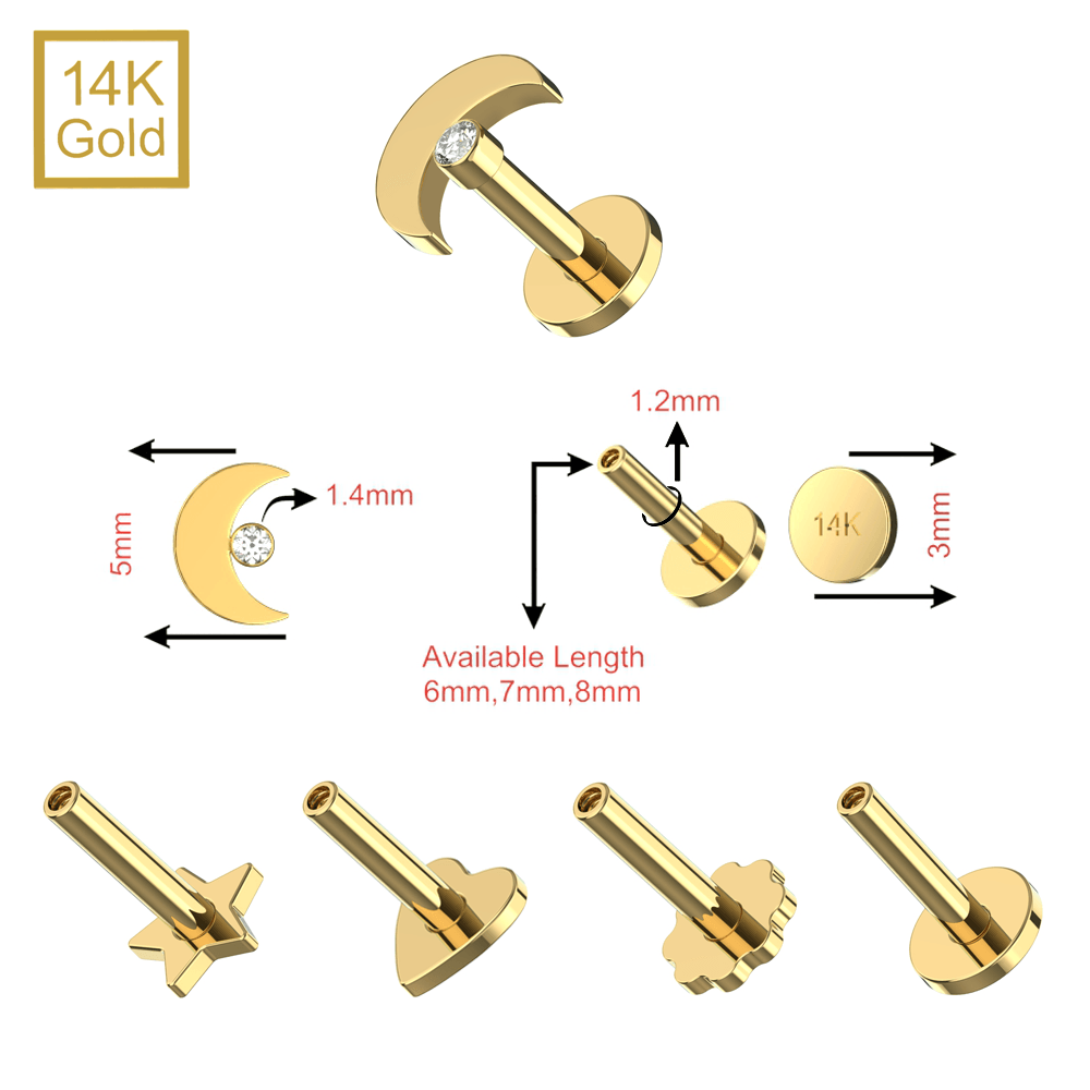 14K Gold Cubic Zirconia Jewelled Crescent Top With Internal Thread Base Labret