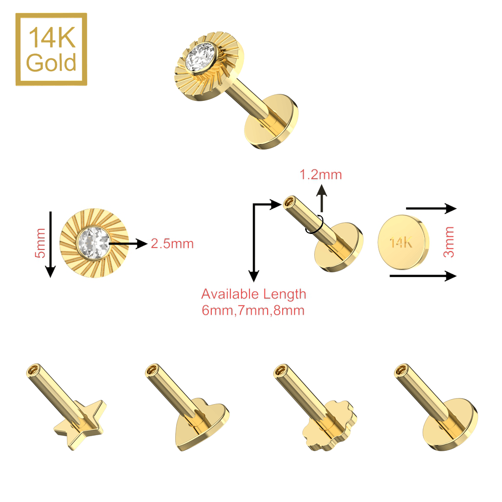 14K Gold CZ Jeweled Laser Cut Button Top With Internal Thread Base Labret