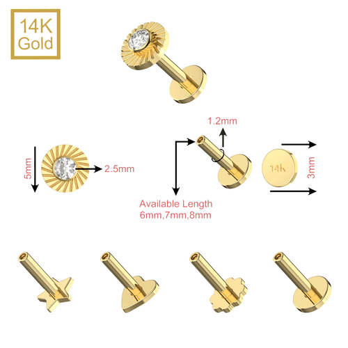 14K Gold CZ Jeweled Laser Cut Button Top With Internal Thread Base Labret