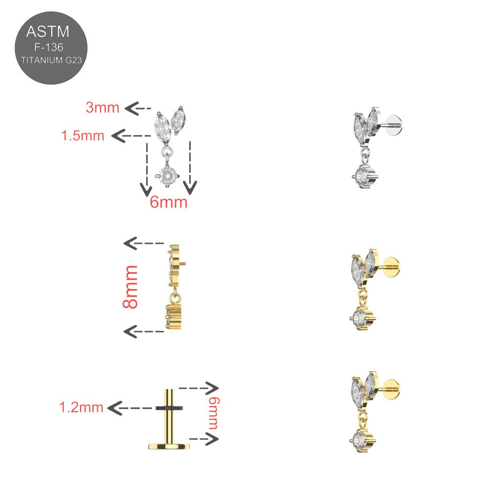 G23 Titanium Marquise & Round CZ Dangle Labret Stud