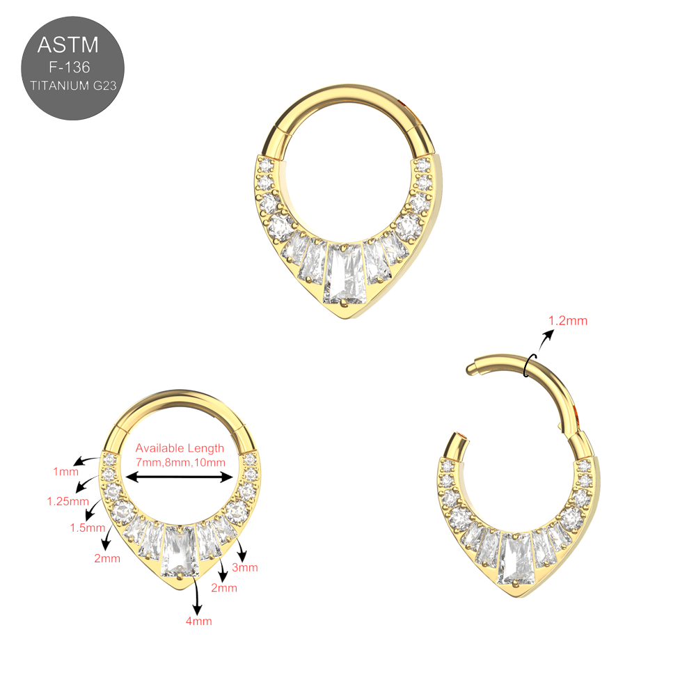 G23 Titanium Teardrop Cubic Zirconia Studded Flat Hinged Segment Clicker Ring
