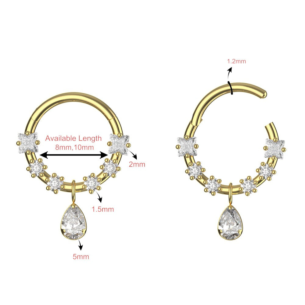 316L Surgical Steel CZ Jewelled and Pear Drop Dangle Hinged Segment Clicker
