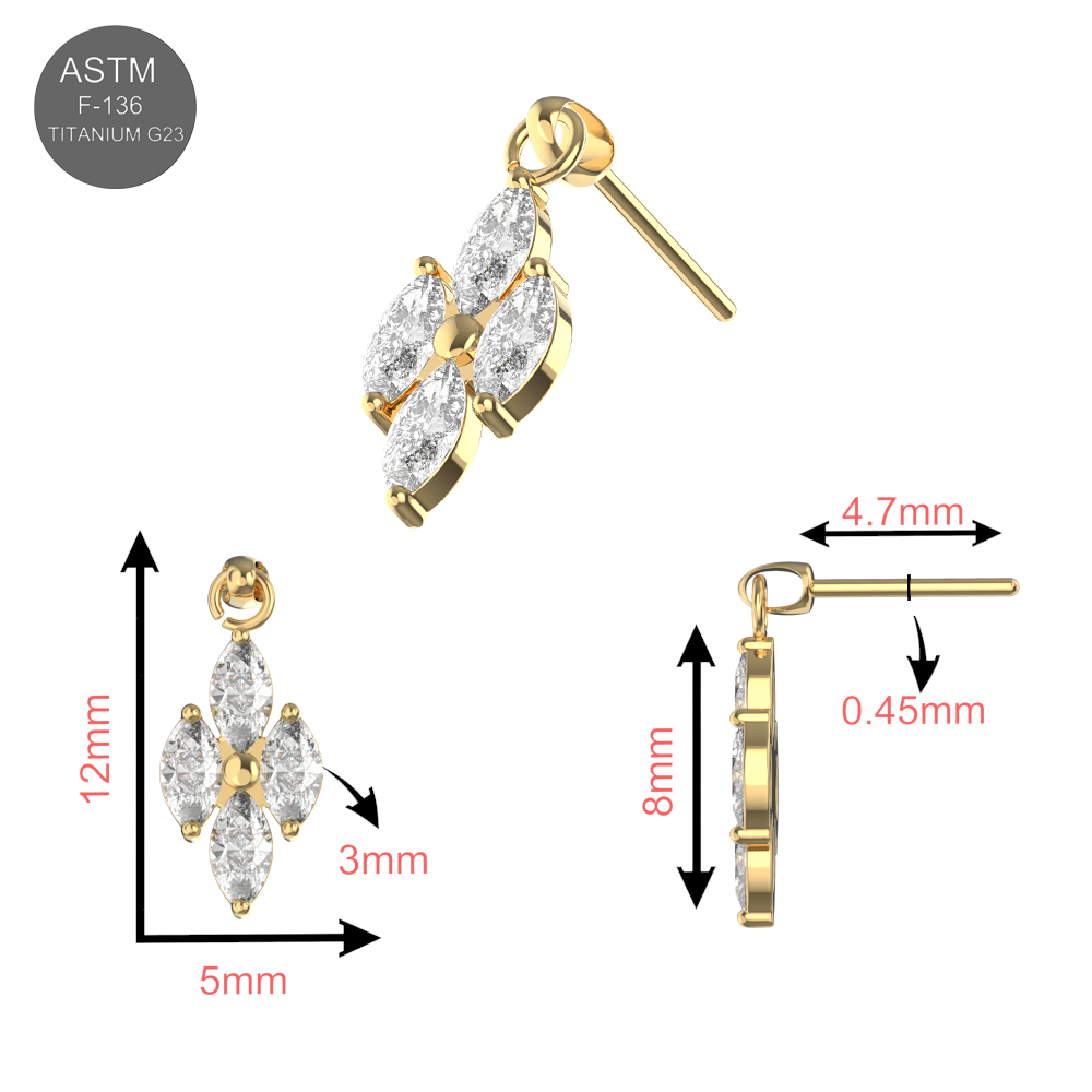 G23 Titanium 4 CZ Marquise Jewelled Hanging Threadless Pin Top