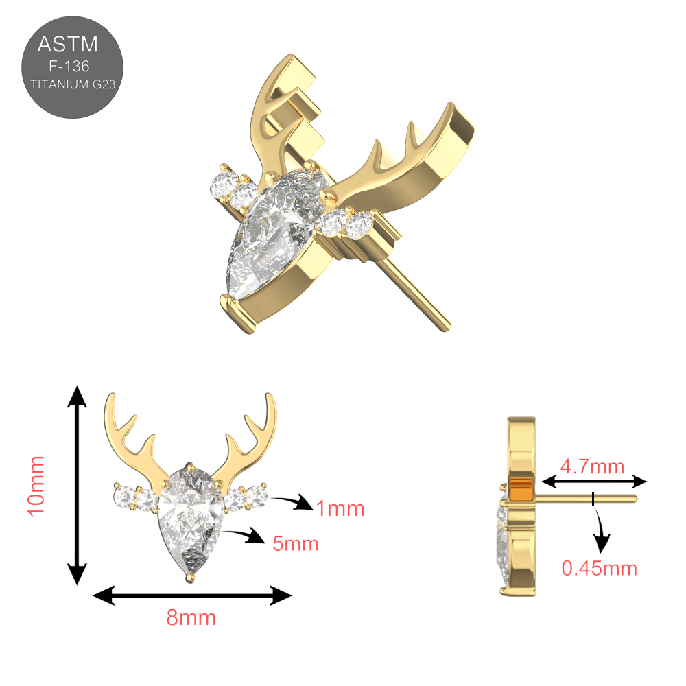 G23 Titanium Clear CZ Jewelled Deer Threadless Pin Top