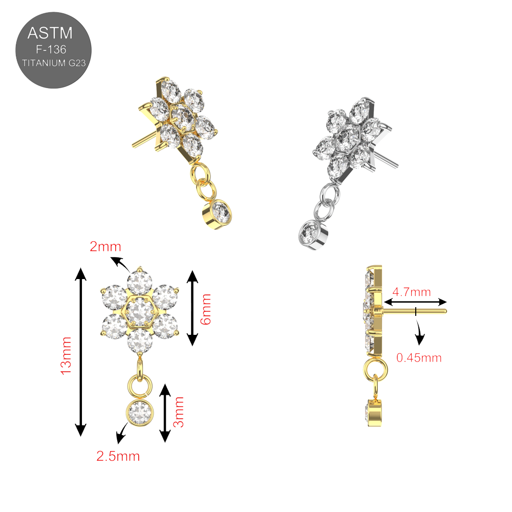 G23 Titanium Flower CZ Dangle Threadless Top