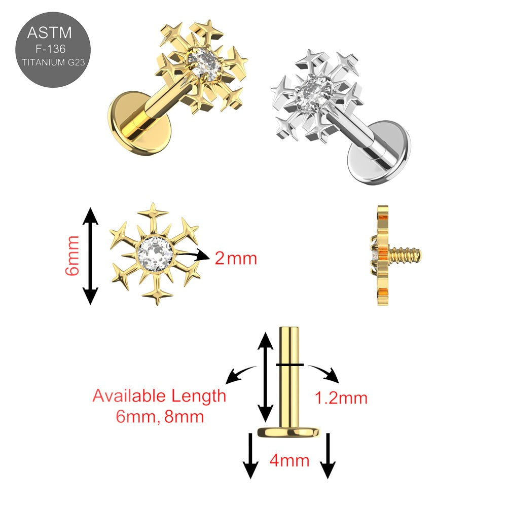 G23 Titanium Snowflake CZ Top With Internal Thread Base Labret