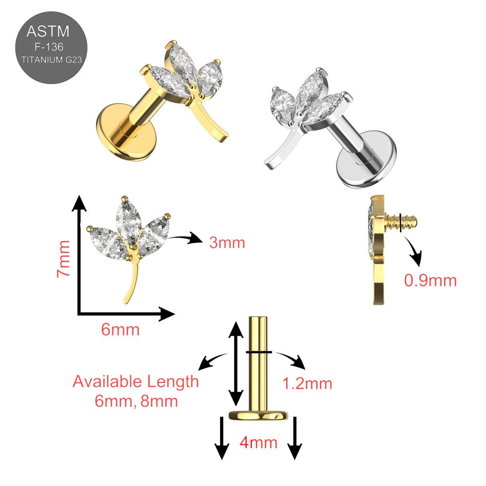 G23 Titanium Leaf CZ Top With Internal Thread Base Labret