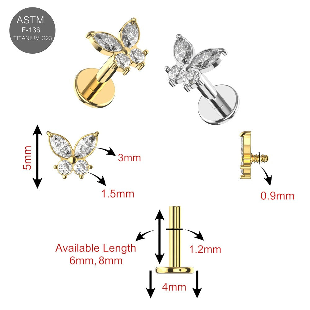 G23 Titanium Butterfly CZ Top With Internal Thread Base Labret