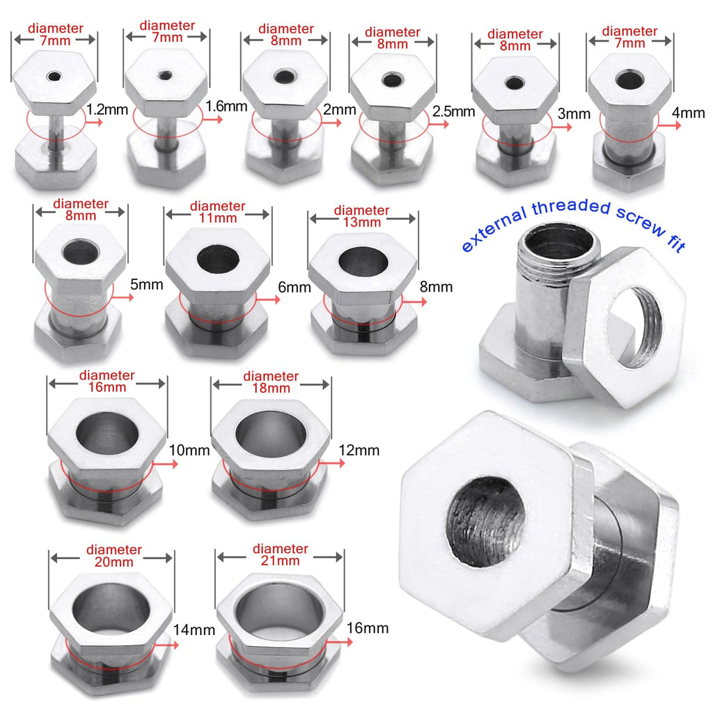 316L Surgical Steel Hexagon External Threaded Tunnel