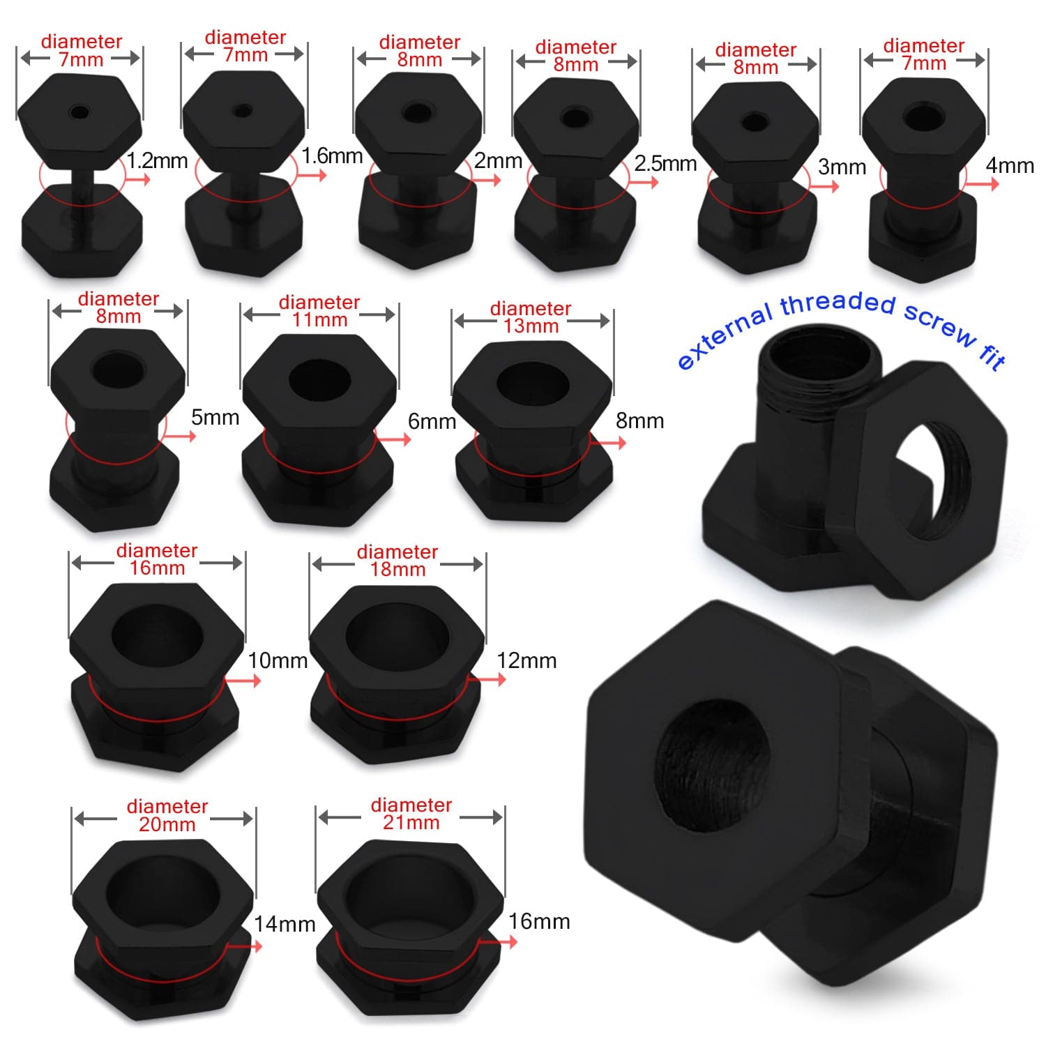 316L Surgical Steel Black Hexagon External Threaded Tunnel